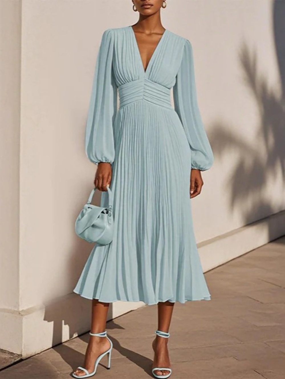 Pleated V-Neck Chiffon Midi Dress